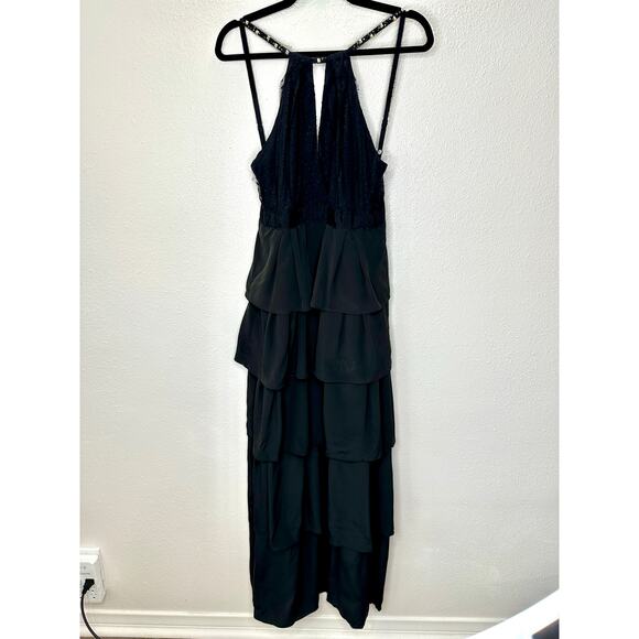 BCBGMAXAZRIA Black Lace Tiered Ruffle Low Back Keyhole Front Maxi Dress 4 - Picture 5 of 16
